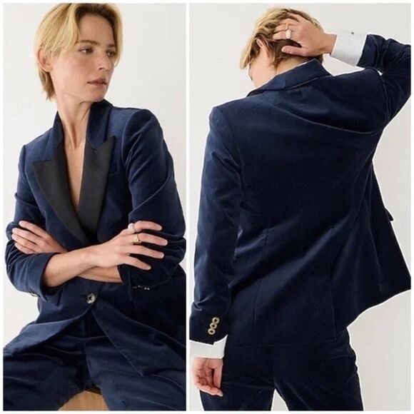 J. Crew X Marie Marot Blue Tuxedo Velvet Stretch Holiday Formal Party Blazer, 00 - Picture 14 of 14